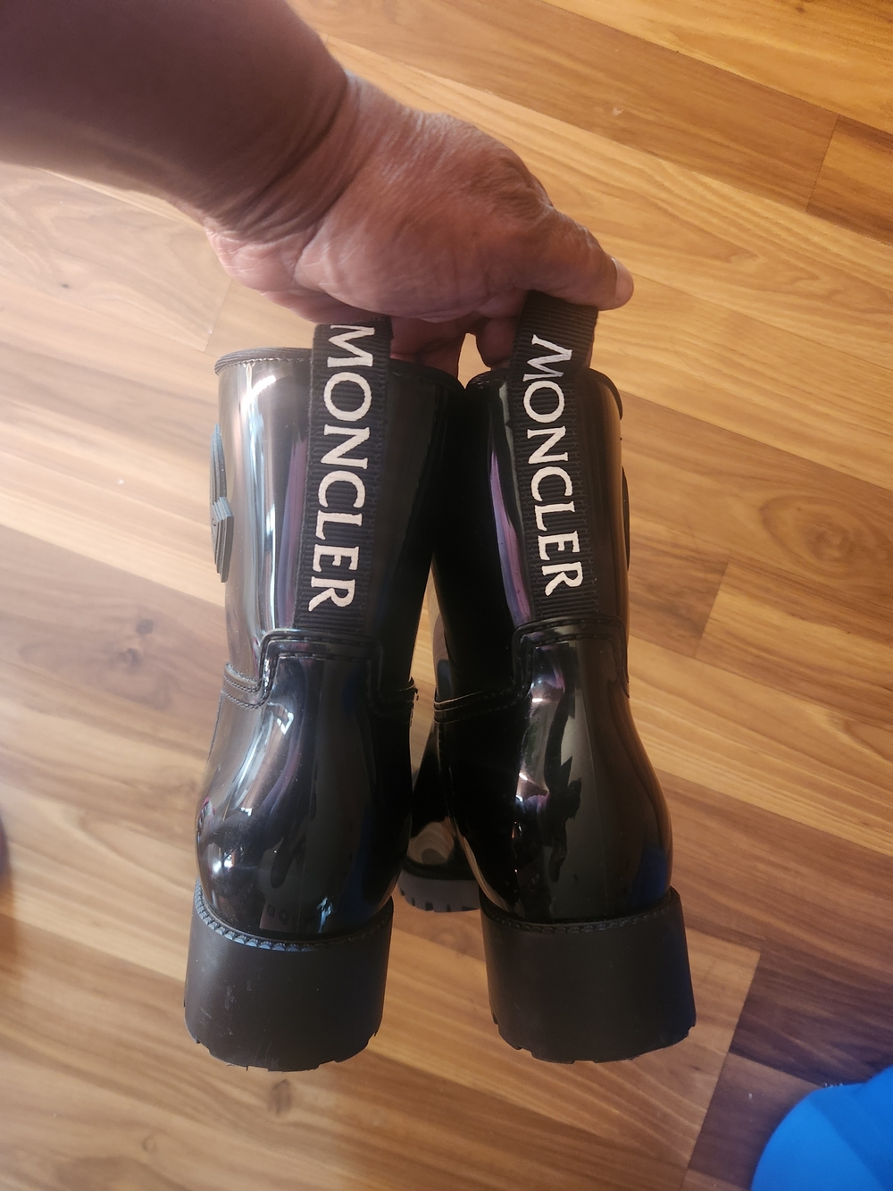 Moncler Black Patent Logo Pull-Tab Rain Boots W/Logo.